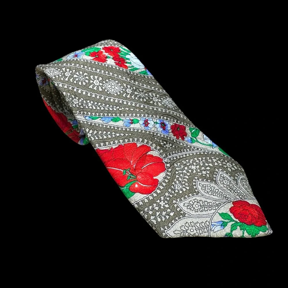 Leonard Paris Maus & Hoffman Mens Silk Tie Paisley Floral Red Green Italy France
